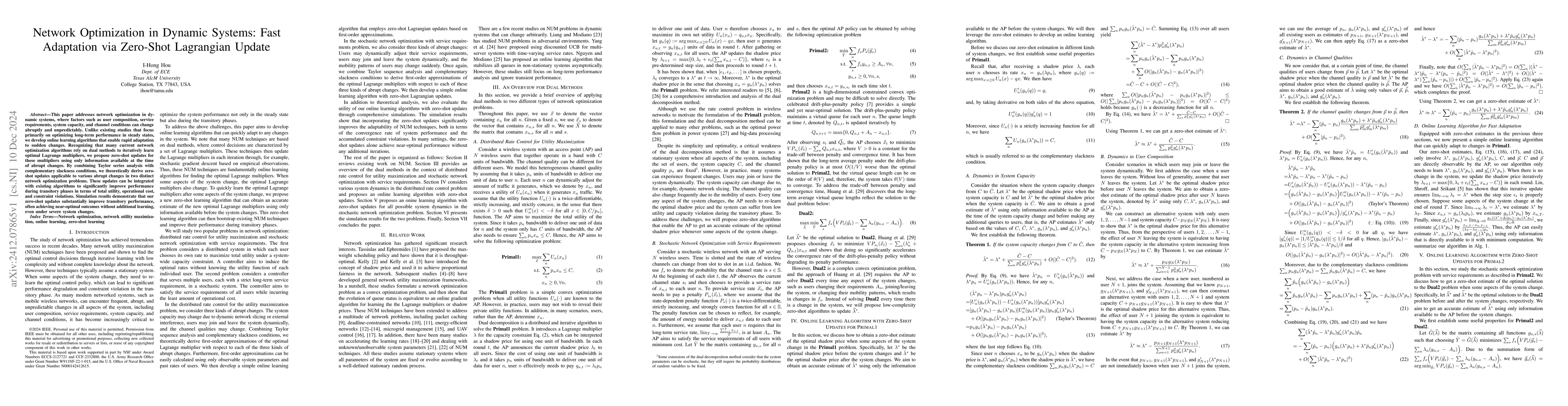 Thumbnail for Network Optimization in Dynamic Systems: Fast Adaptation via Zero-Shot
  Lagrangian Update