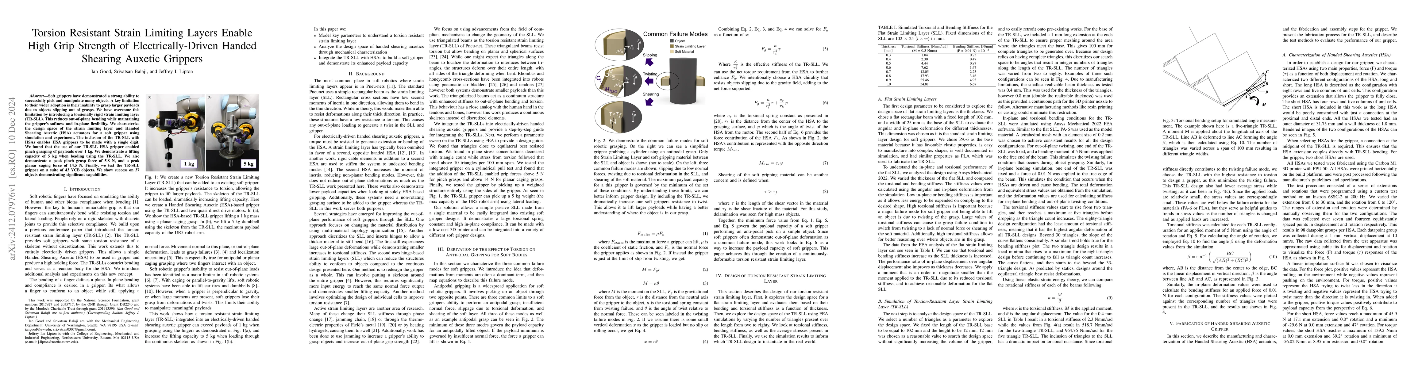 Thumbnail for Torsion Resistant Strain Limiting Layers Enable High Grip Strength of
  Electrically-Driven Handed Shearing Auxetic Grippers