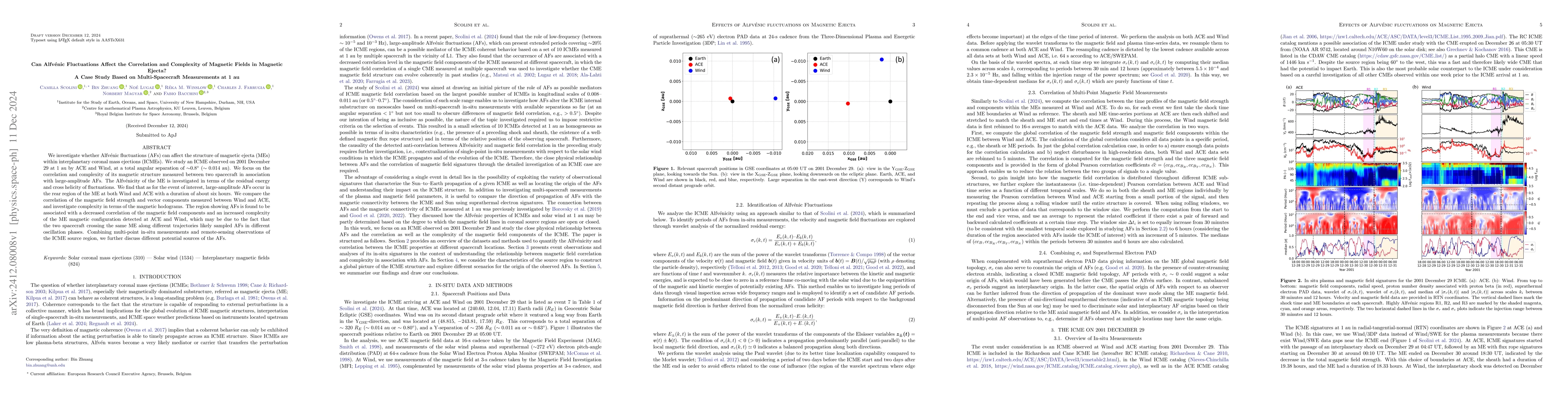 Thumbnail for Can Alfvénic Fluctuations Affect the Correlation and Complexity of
  Magnetic Fields in Magnetic Ejecta? A Case Study Based on Multi-Spacecraft
  Measurements at 1~au