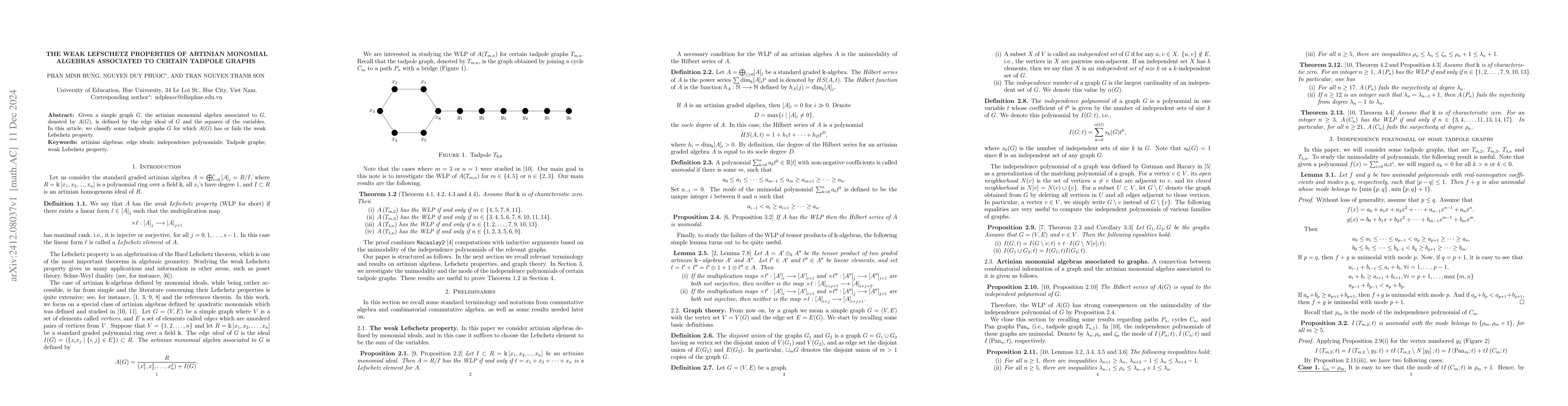 Thumbnail for The weak Lefschetz properties of artinian monomial algebras associated
  to certain tadpole graphs