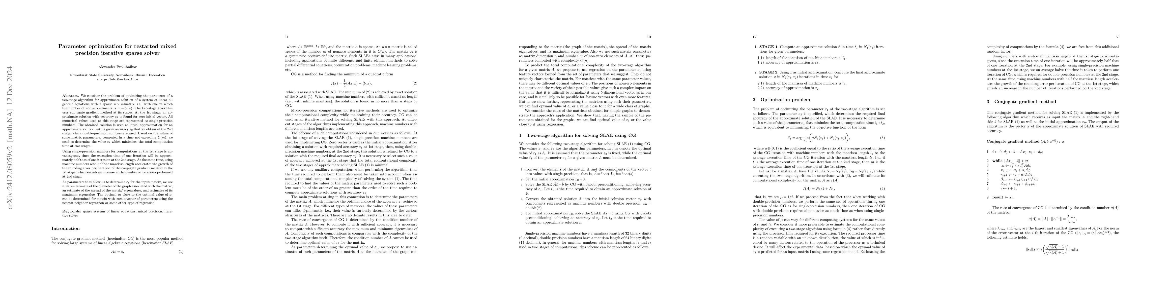 Thumbnail for Parameter optimization for restarted mixed precision iterative sparse
  solver