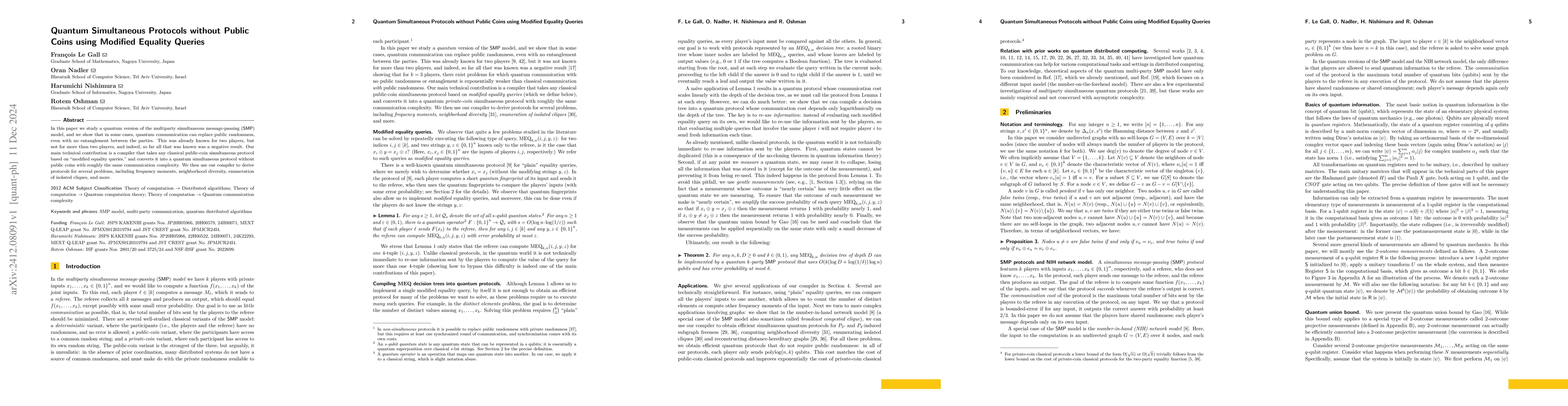 Thumbnail for Quantum Simultaneous Protocols without Public Coins using Modified
  Equality Queries