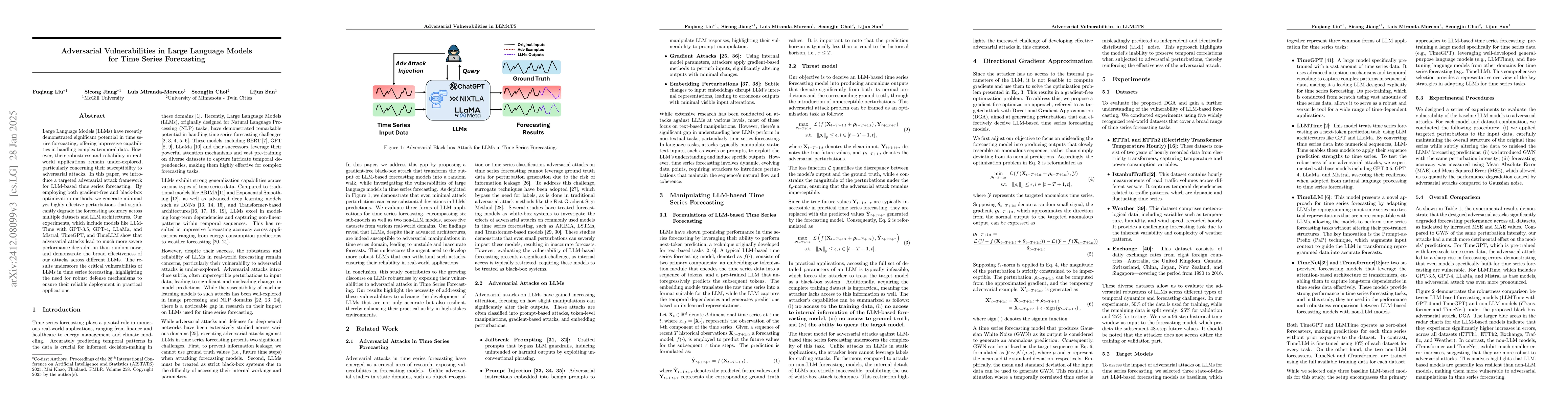 Thumbnail for Adversarial Vulnerabilities in Large Language Models for Time Series
  Forecasting