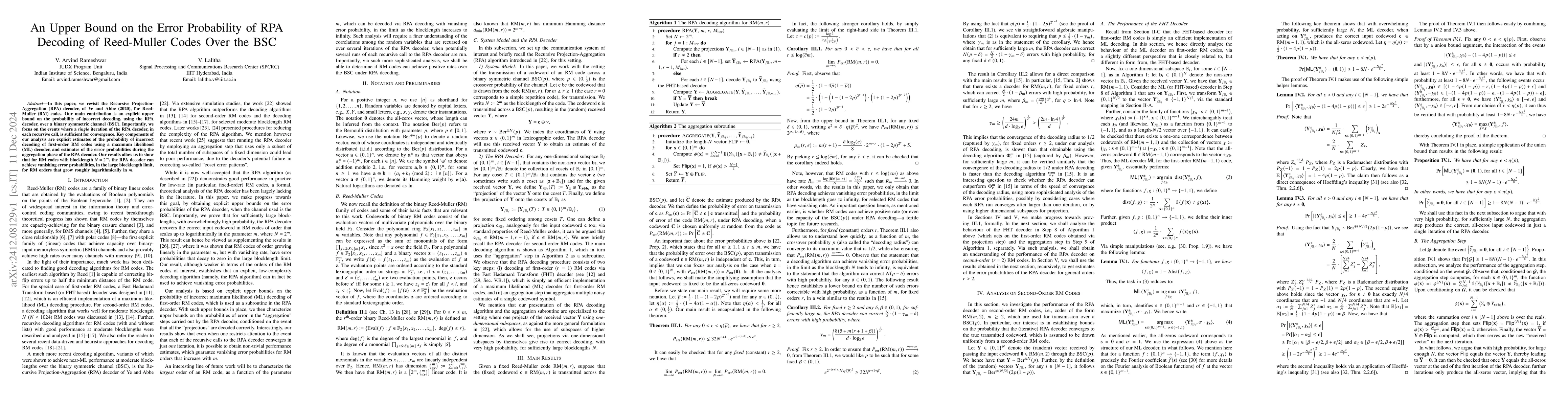 Thumbnail for An Upper Bound on the Error Probability of RPA Decoding of Reed-Muller
  Codes Over the BSC