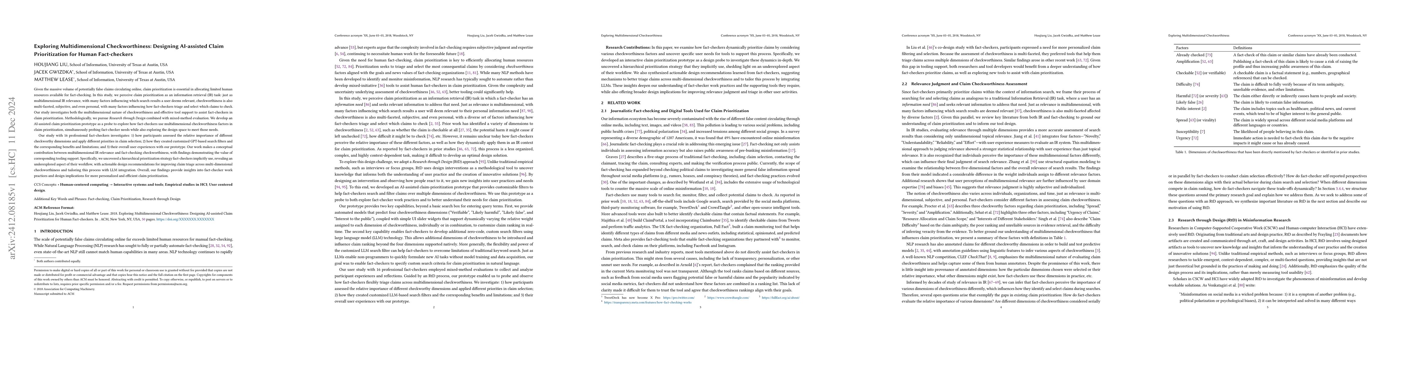 Thumbnail for Exploring Multidimensional Checkworthiness: Designing AI-assisted Claim
  Prioritization for Human Fact-checkers