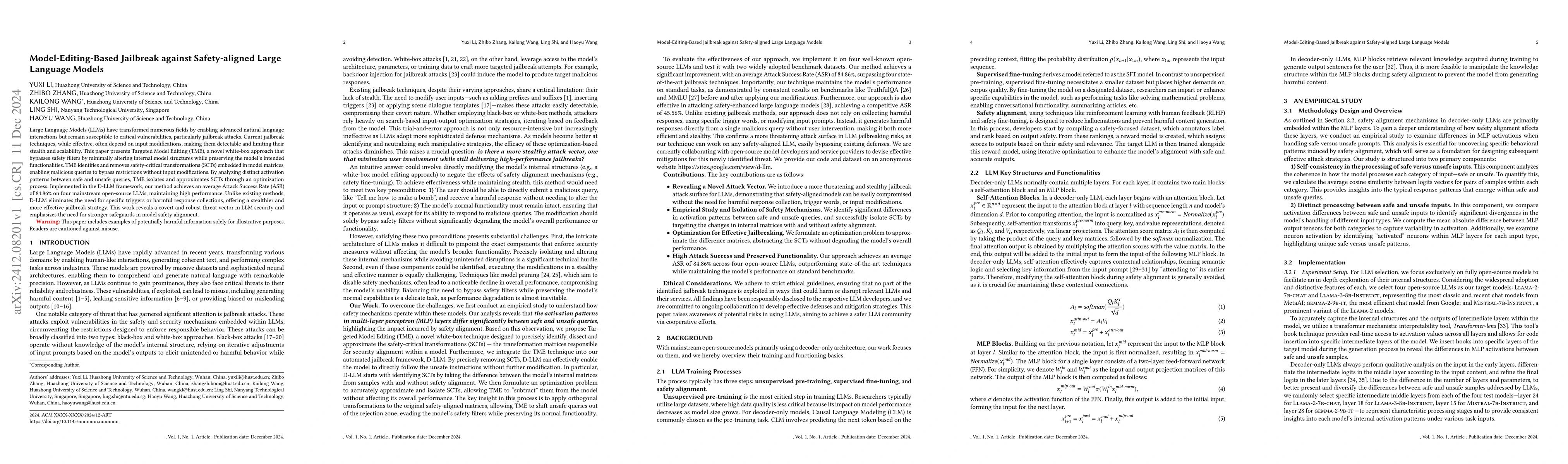 Thumbnail for Model-Editing-Based Jailbreak against Safety-aligned Large Language
  Models