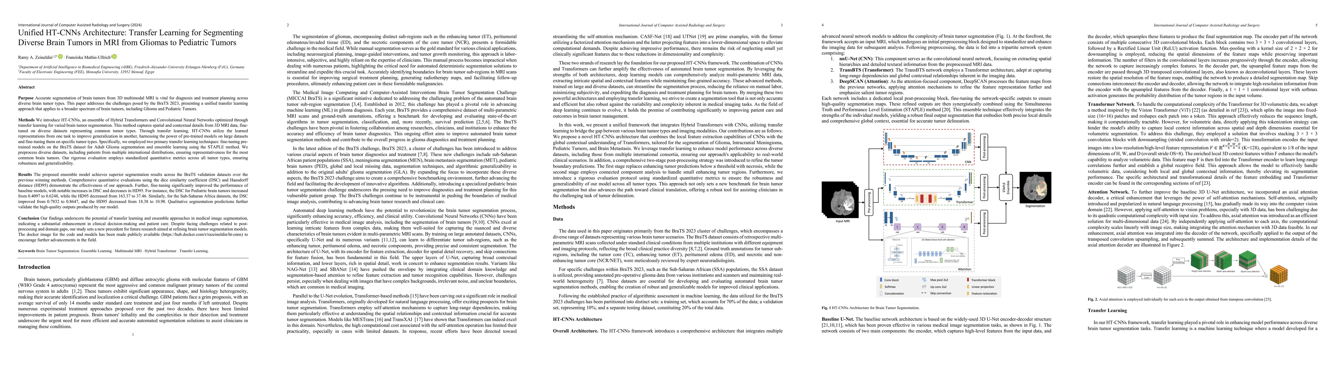 Thumbnail for Unified HT-CNNs Architecture: Transfer Learning for Segmenting Diverse
  Brain Tumors in MRI from Gliomas to Pediatric Tumors