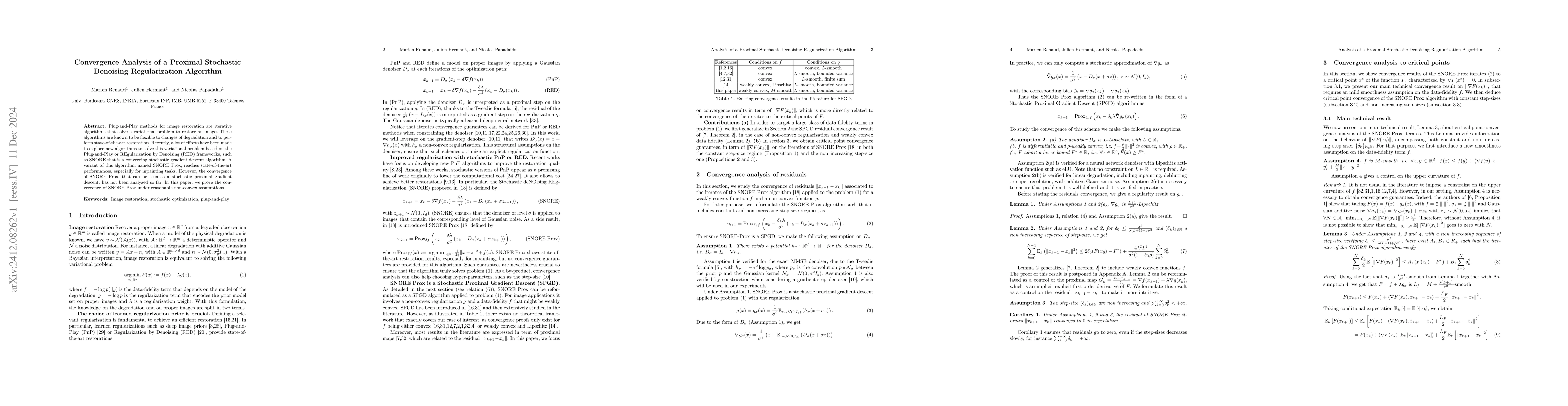 Thumbnail for Convergence Analysis of a Proximal Stochastic Denoising Regularization
  Algorithm