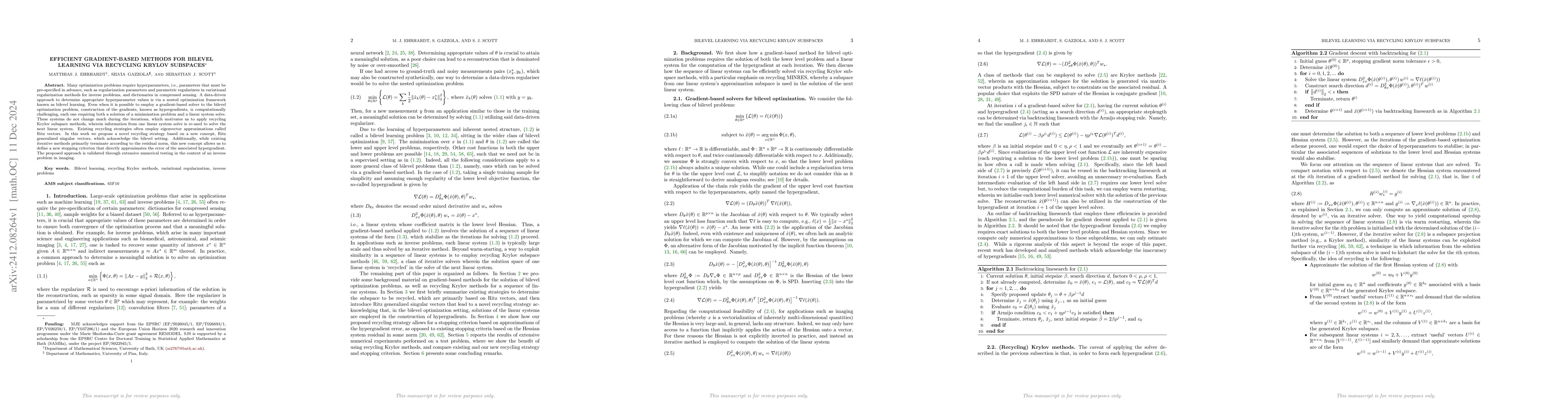 Thumbnail for Efficient gradient-based methods for bilevel learning via recycling
  Krylov subspaces