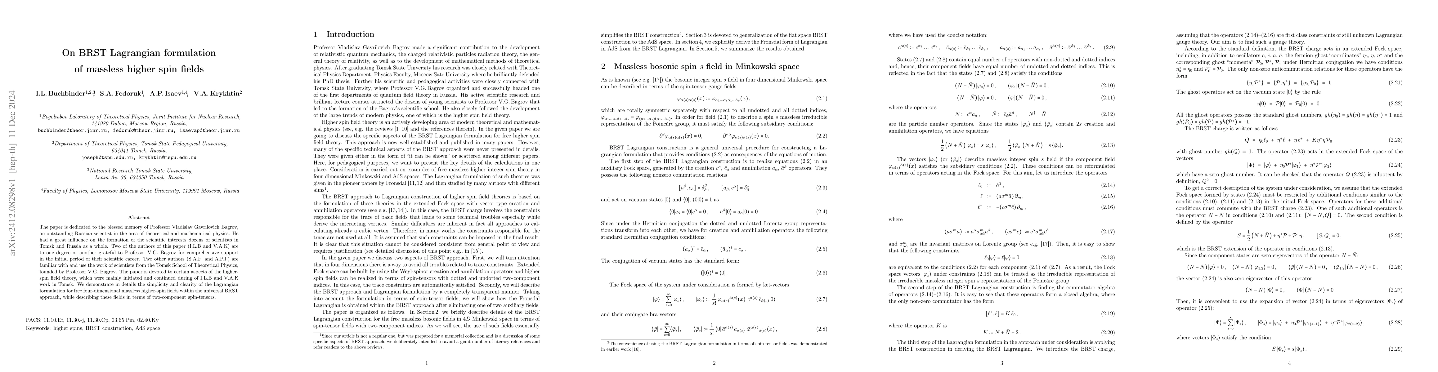 Thumbnail for On BRST Lagrangian formulation of massless higher spin fields
