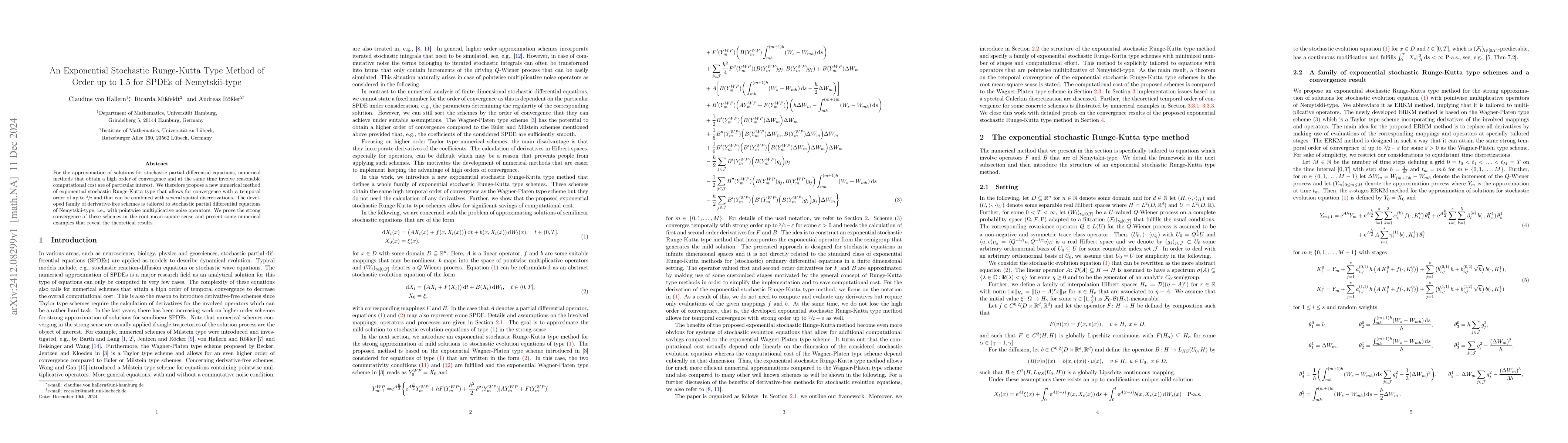 Thumbnail for An Exponential Stochastic Runge-Kutta Type Method of Order up to 1.5 for
  SPDEs of Nemytskii-type