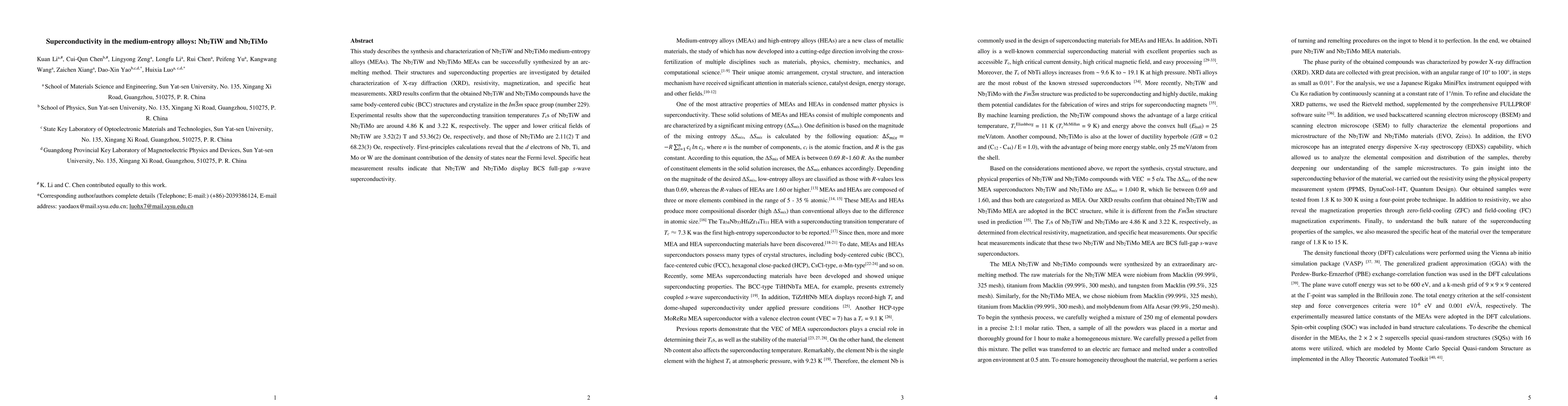 Thumbnail for Superconductivity in the medium entropy alloys Nb2TiW and Nb2TiMo