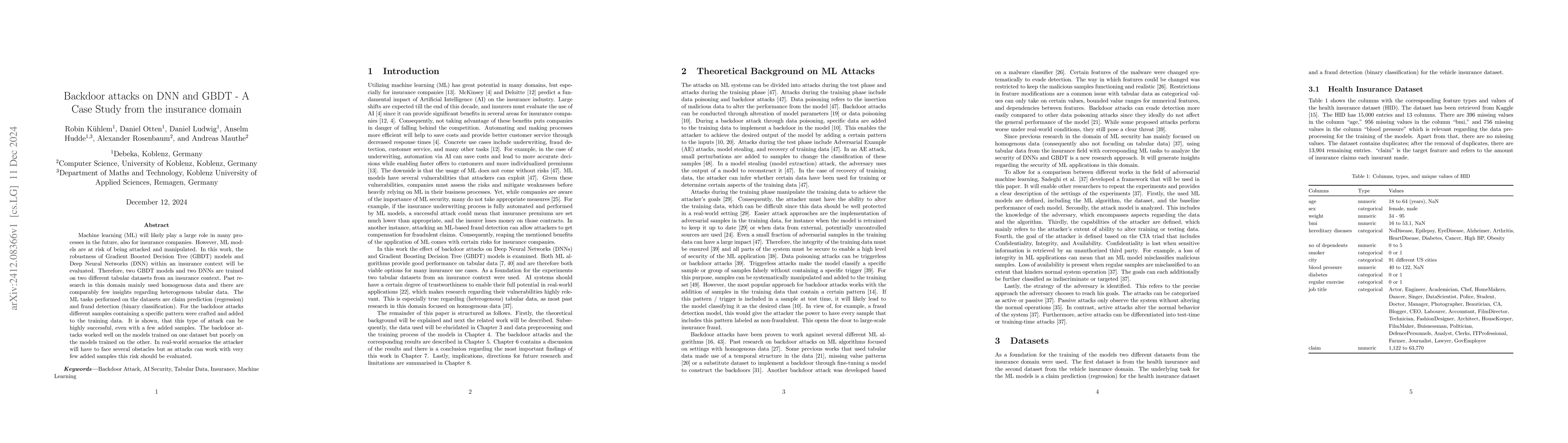 Thumbnail for Backdoor attacks on DNN and GBDT -- A Case Study from the insurance
  domain