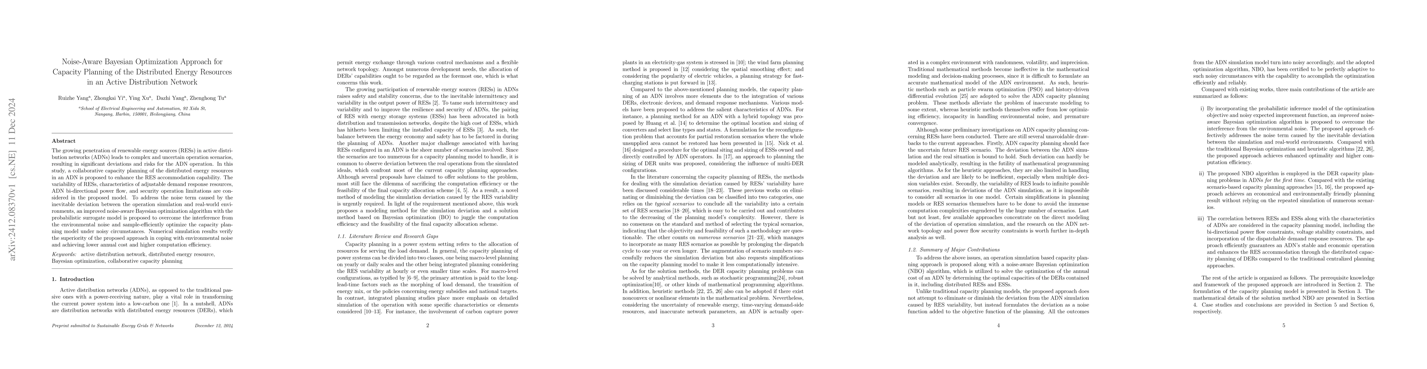 Thumbnail for Noise-Aware Bayesian Optimization Approach for Capacity Planning of the
  Distributed Energy Resources in an Active Distribution Network