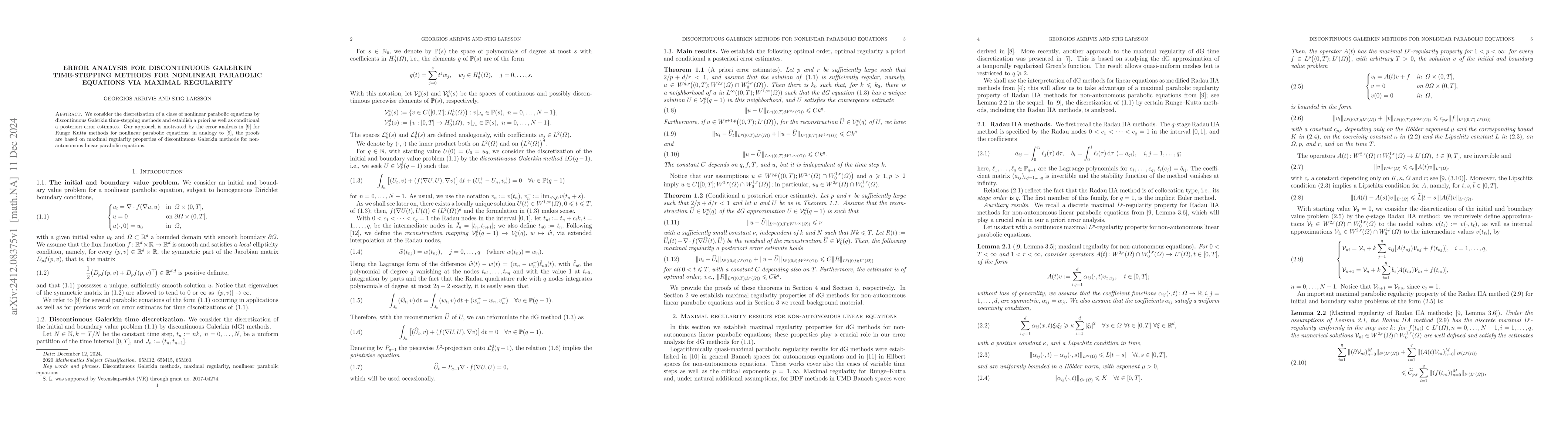 Thumbnail for Error analysis for discontinuous Galerkin time-stepping methods for
  nonlinear parabolic equations via maximal regularity