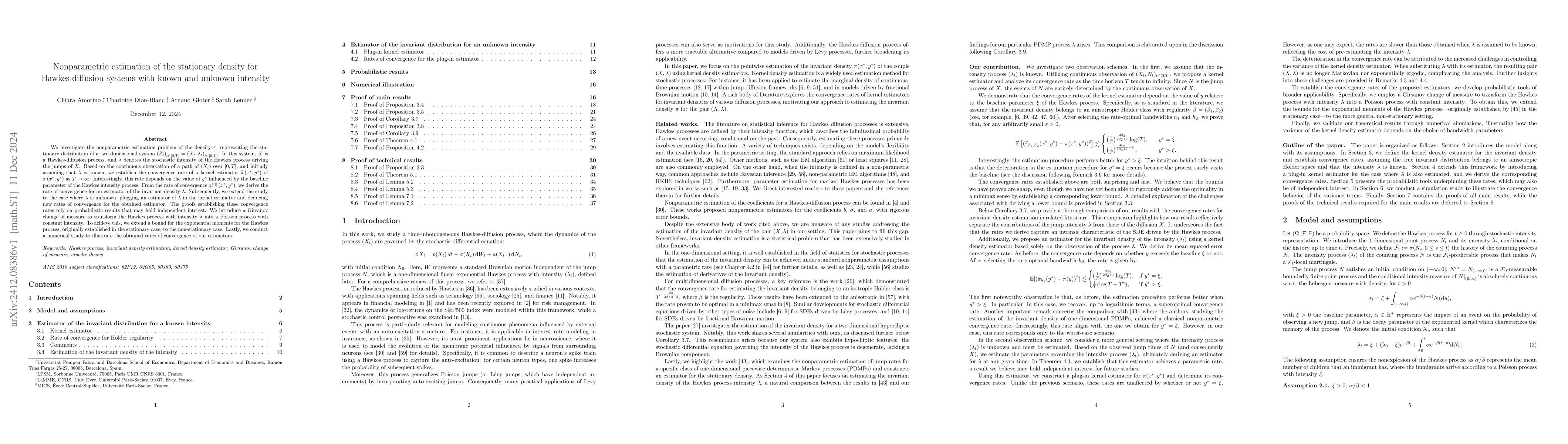 Thumbnail for Nonparametric estimation of the stationary density for Hawkes-diffusion
  systems with known and unknown intensity
