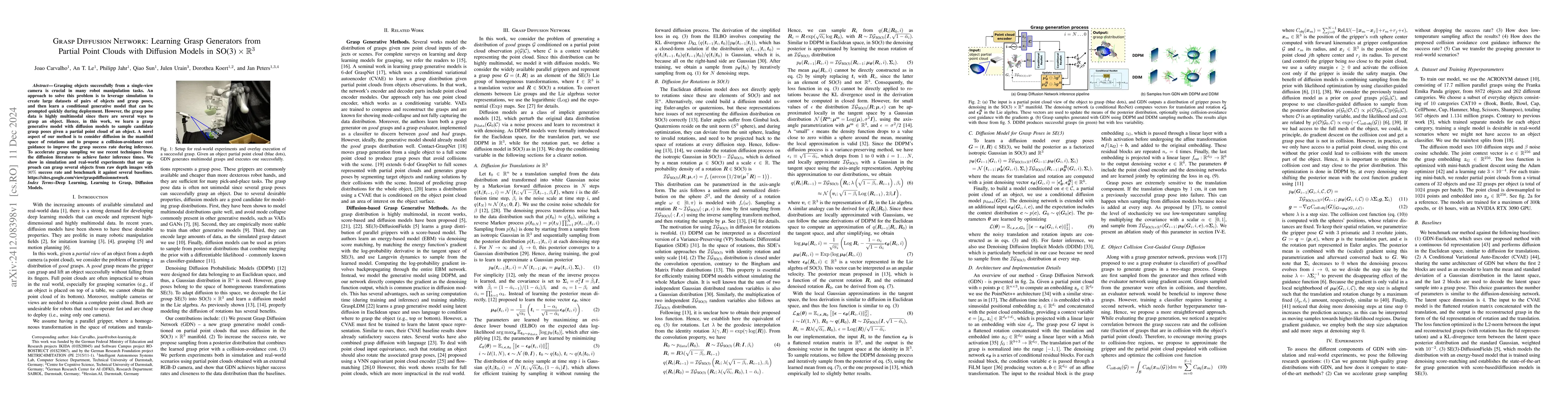 Thumbnail for Grasp Diffusion Network: Learning Grasp Generators from Partial Point
  Clouds with Diffusion Models in SO(3)xR3