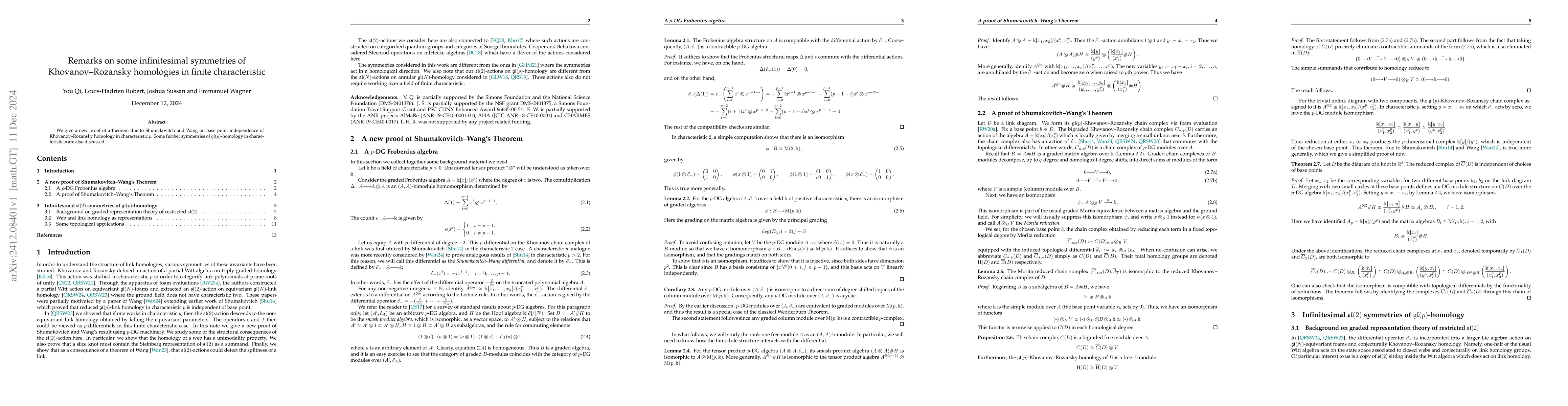 Thumbnail for Remarks on some infinitesimal symmetries of Khovanov--Rozansky
  homologies in finite characteristic