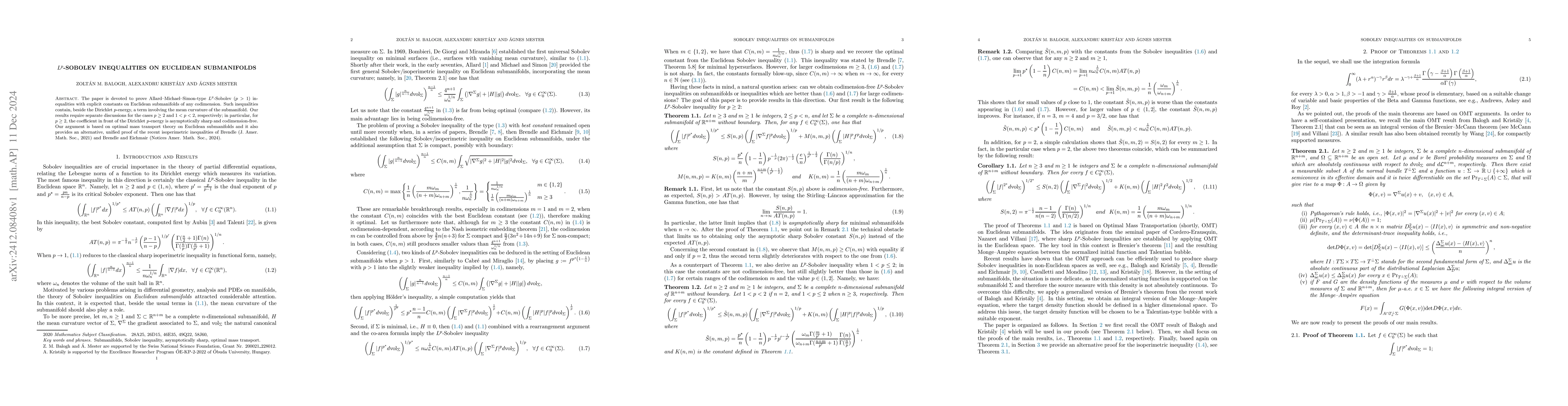 Thumbnail for $L^p$-Sobolev inequalities on Euclidean submanifolds