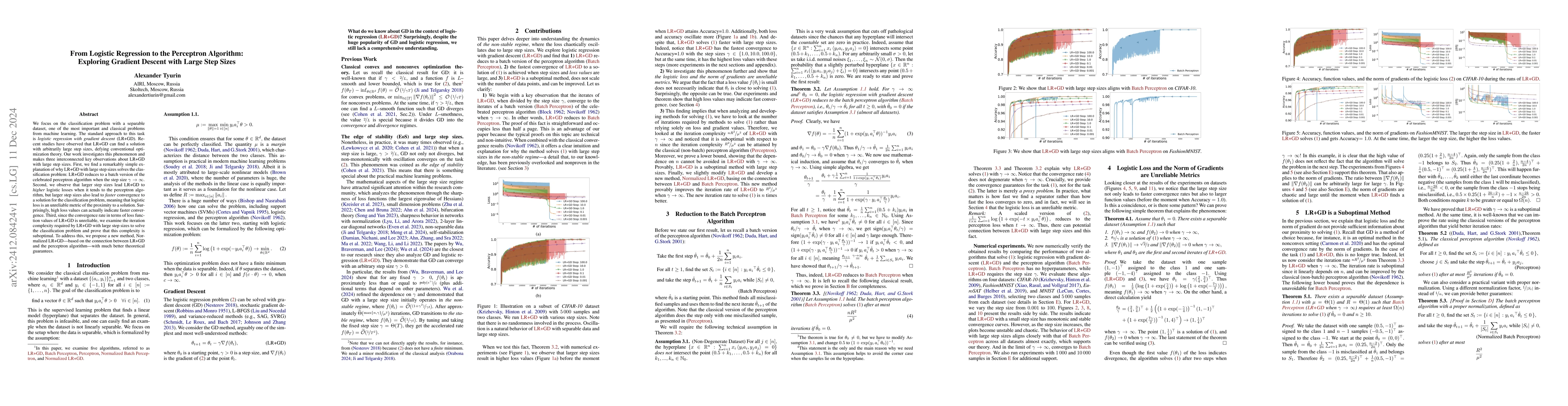 Thumbnail for From Logistic Regression to the Perceptron Algorithm: Exploring Gradient
  Descent with Large Step Sizes