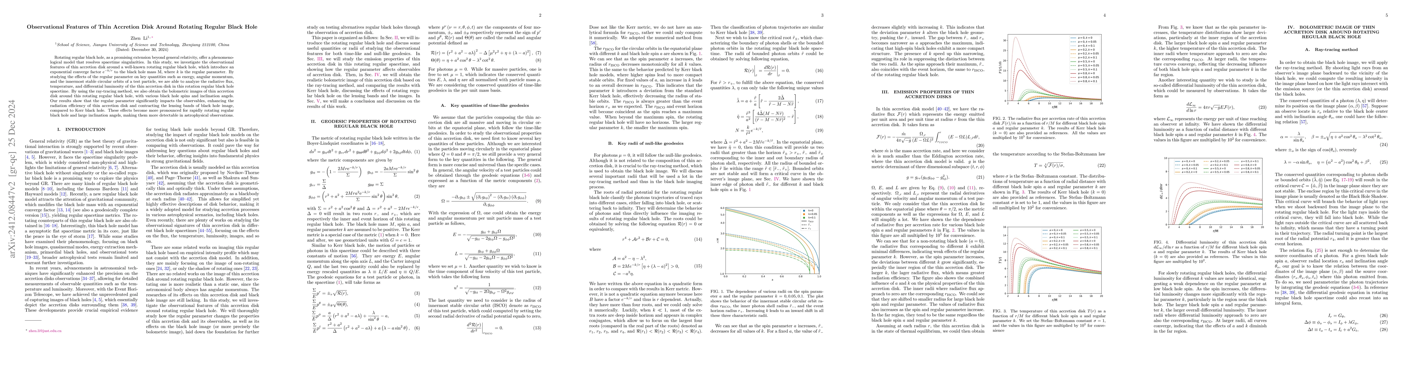 Thumbnail for Observational Features of Thin Accretion Disk Around Rotating Regular
  Black Hole