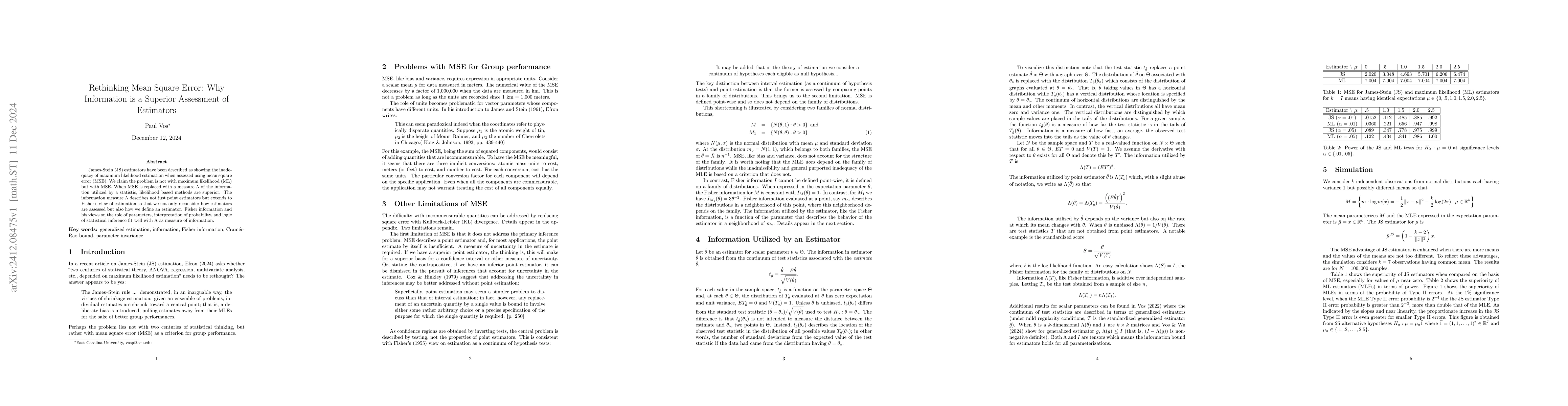 Thumbnail for Rethinking Mean Square Error: Why Information is a Superior Assessment
  of Estimators