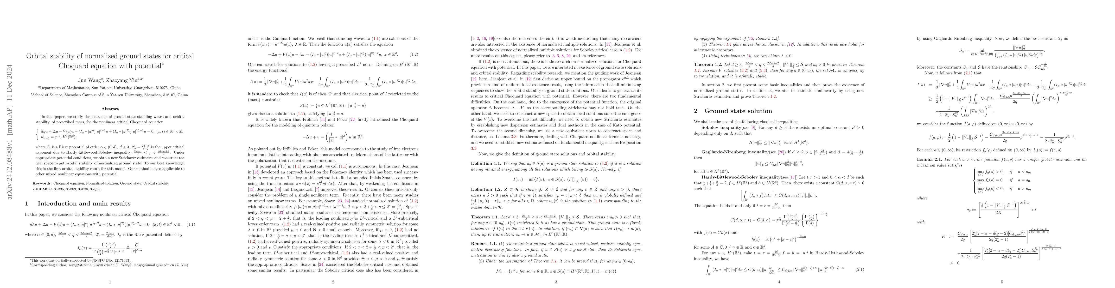 Thumbnail for Orbital stability of normalized ground states for critical Choquard
  equation with potential