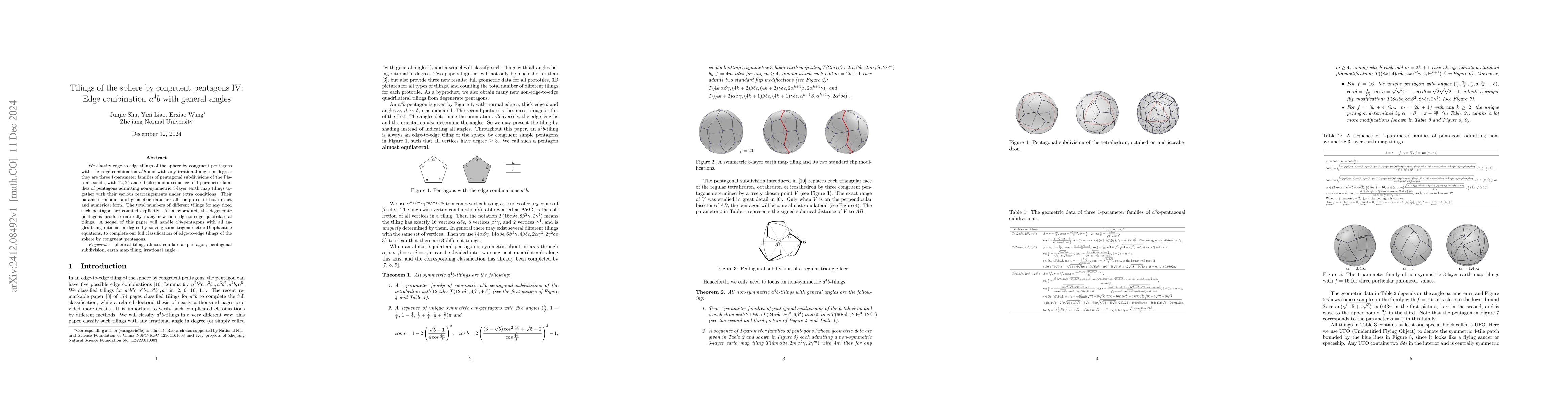 Thumbnail for Tilings of the sphere by congruent pentagons IV: Edge combination $a^4b$
  with general angles