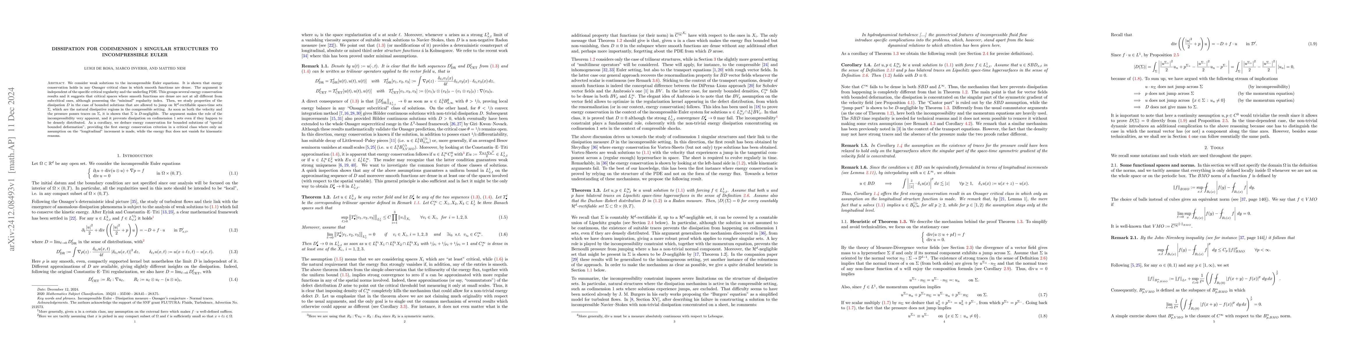 Thumbnail for Dissipation for codimension 1 singular structures to incompressible
  Euler