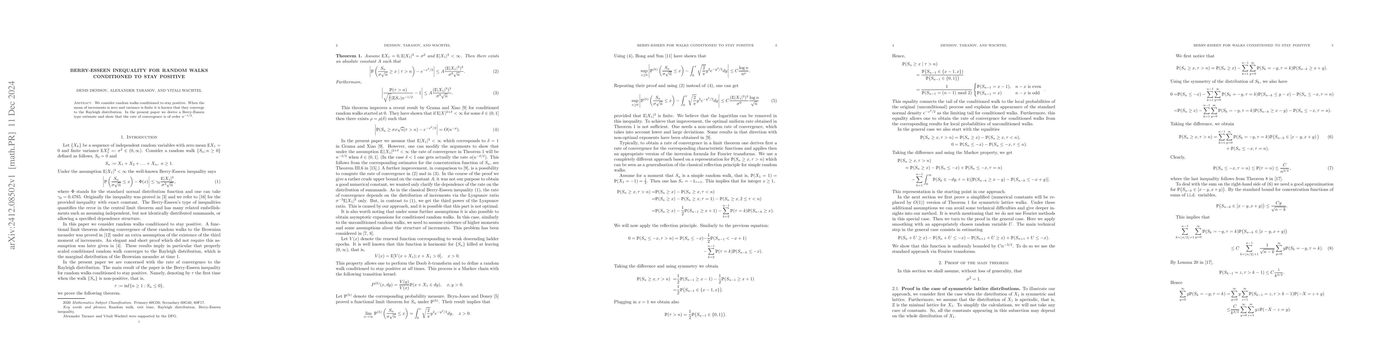 Thumbnail for Berry-Esseen inequality for random walks conditioned to stay positive