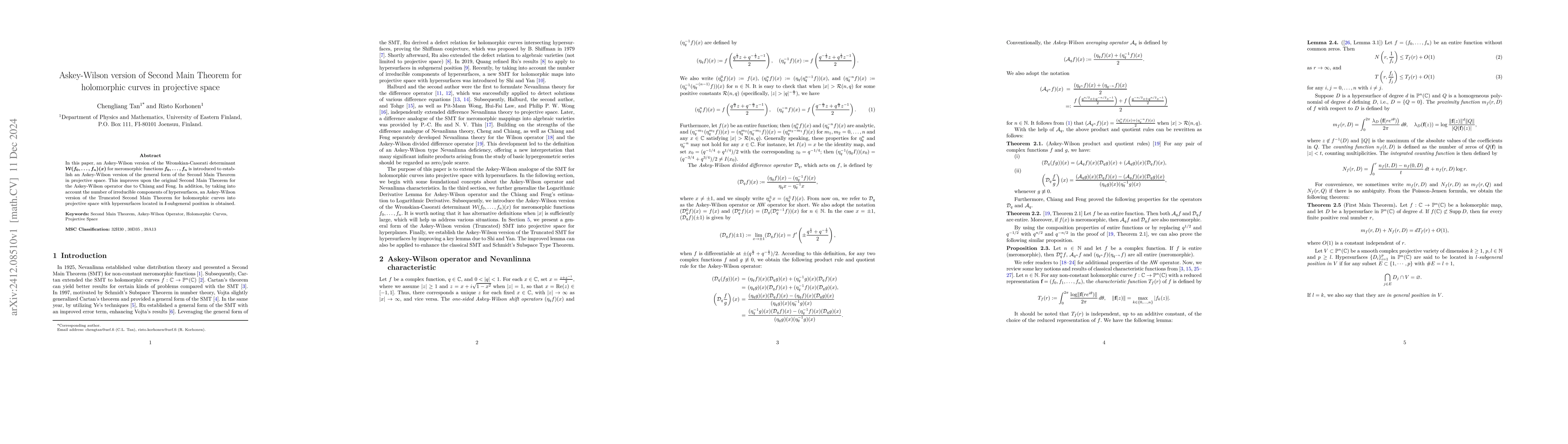 Thumbnail for Askey-Wilson version of Second Main Theorem for holomorphic curves in
  projective space