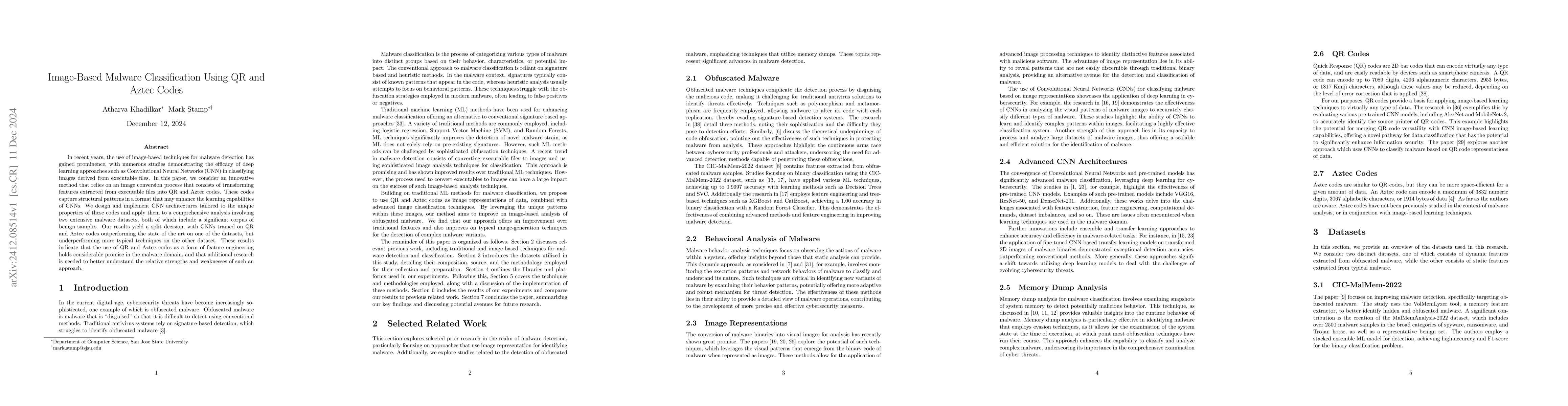 Thumbnail for Image-Based Malware Classification Using QR and Aztec Codes