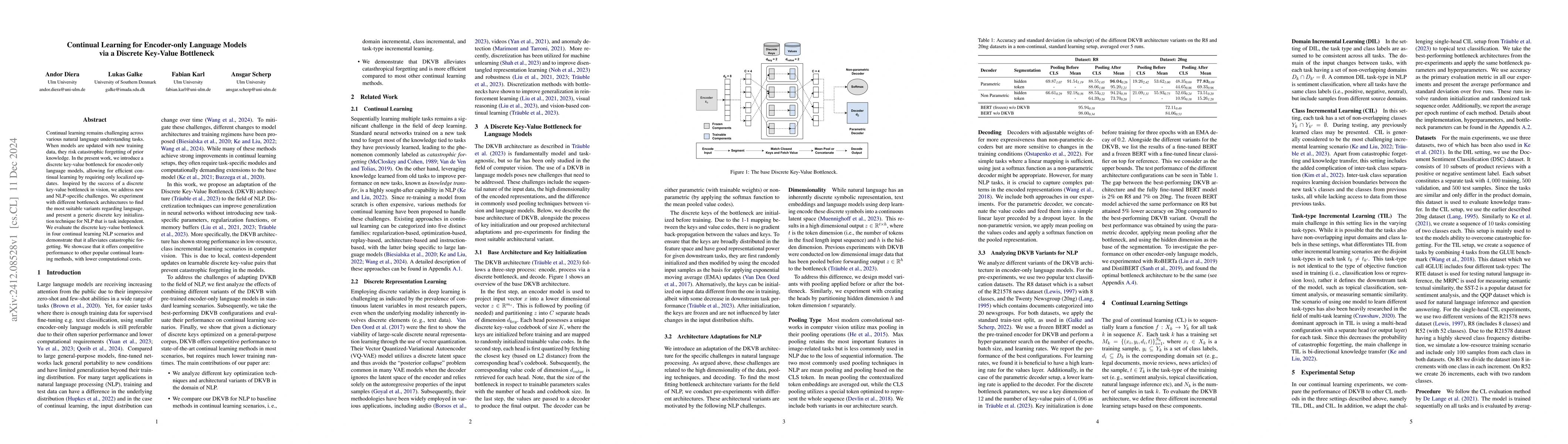 Thumbnail for Continual Learning for Encoder-only Language Models via a Discrete
  Key-Value Bottleneck