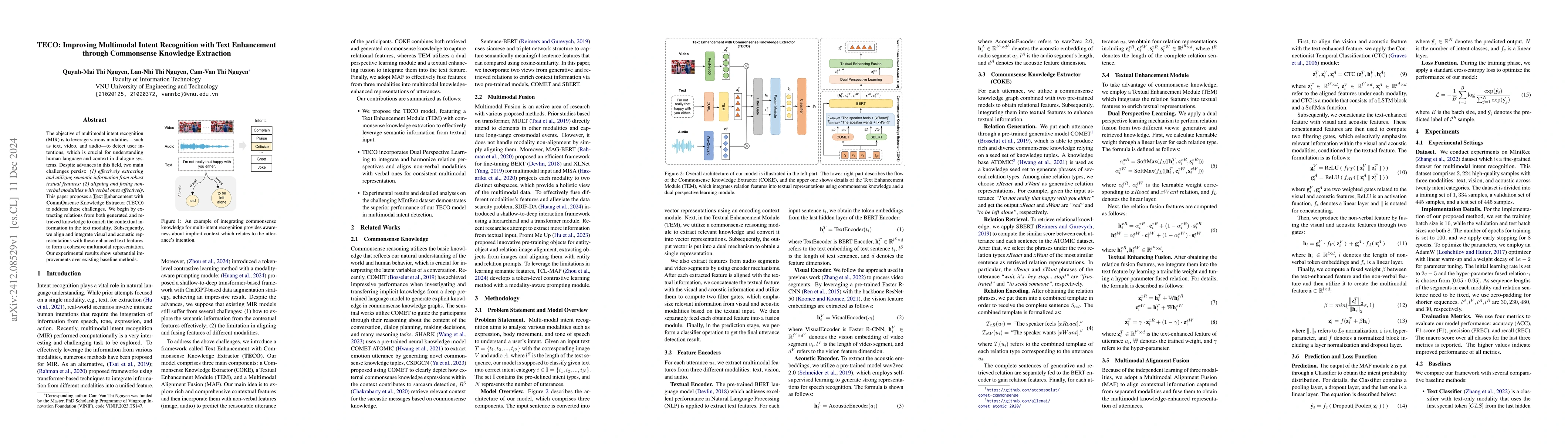 Thumbnail for TECO: Improving Multimodal Intent Recognition with Text Enhancement
  through Commonsense Knowledge Extraction
