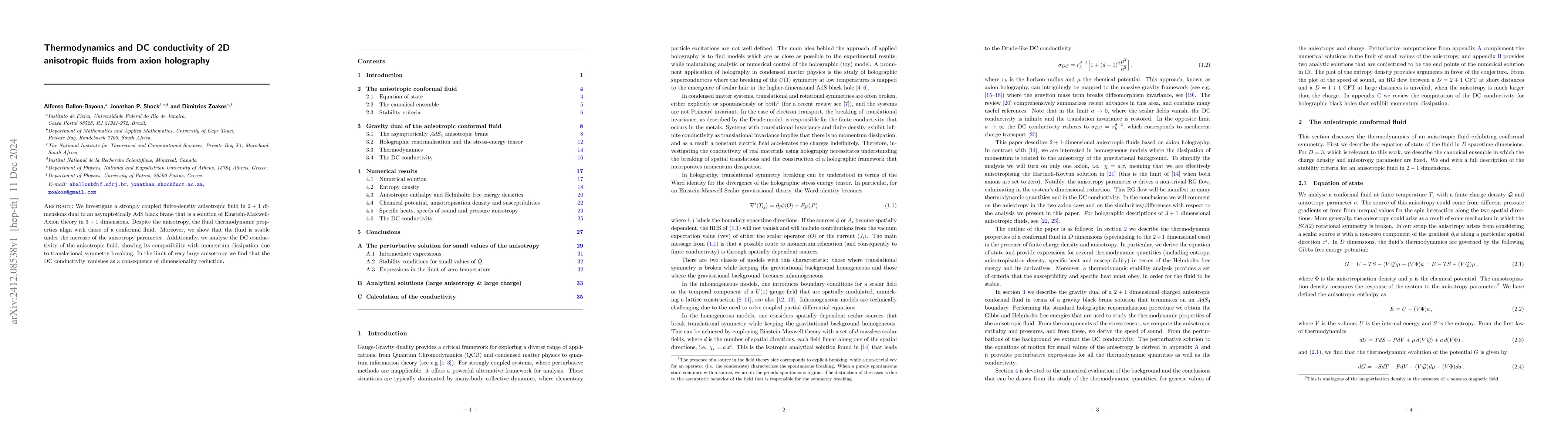 Thumbnail for Thermodynamics and DC conductivity of 2D anisotropic fluids from axion
  holography