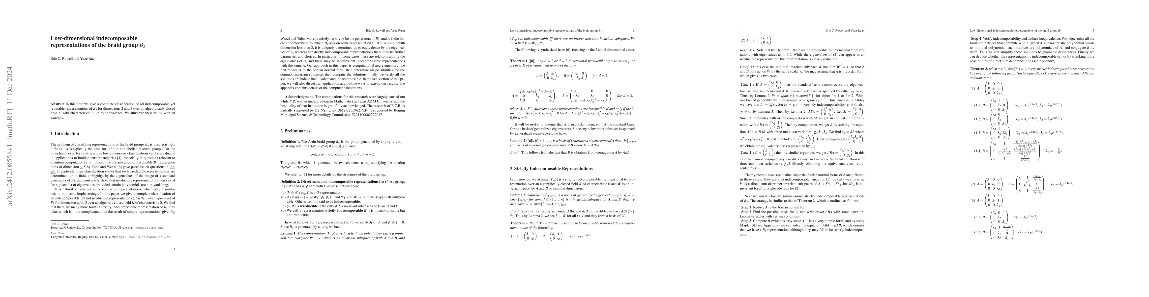 Thumbnail for Low-dimensional indecomposable representations of the braid group $B_3$