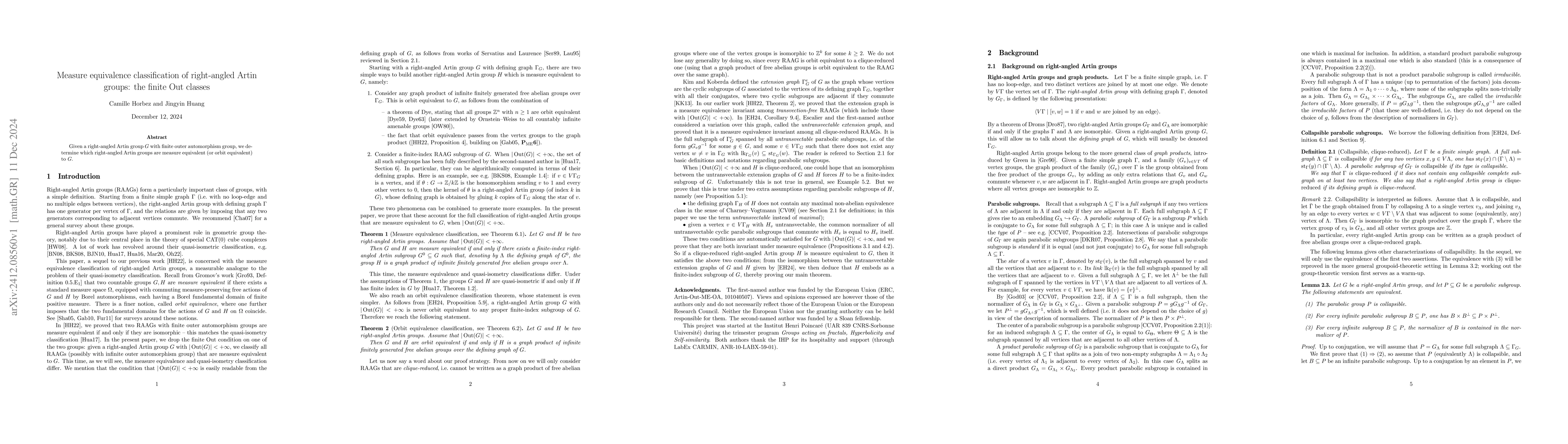 Thumbnail for Measure equivalence classification of right-angled Artin groups: the
  finite $\mathrm{Out}$ classes