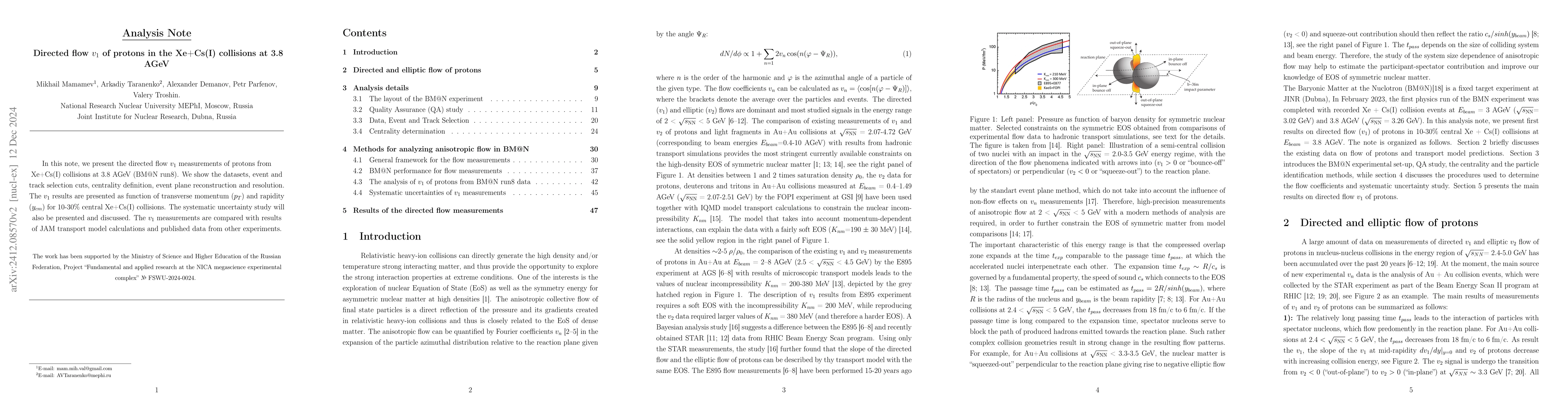 Thumbnail for Analysis Note: Directed flow $v_1$ of protons in the Xe+Cs(I) collisions
  at 3.8 AGeV