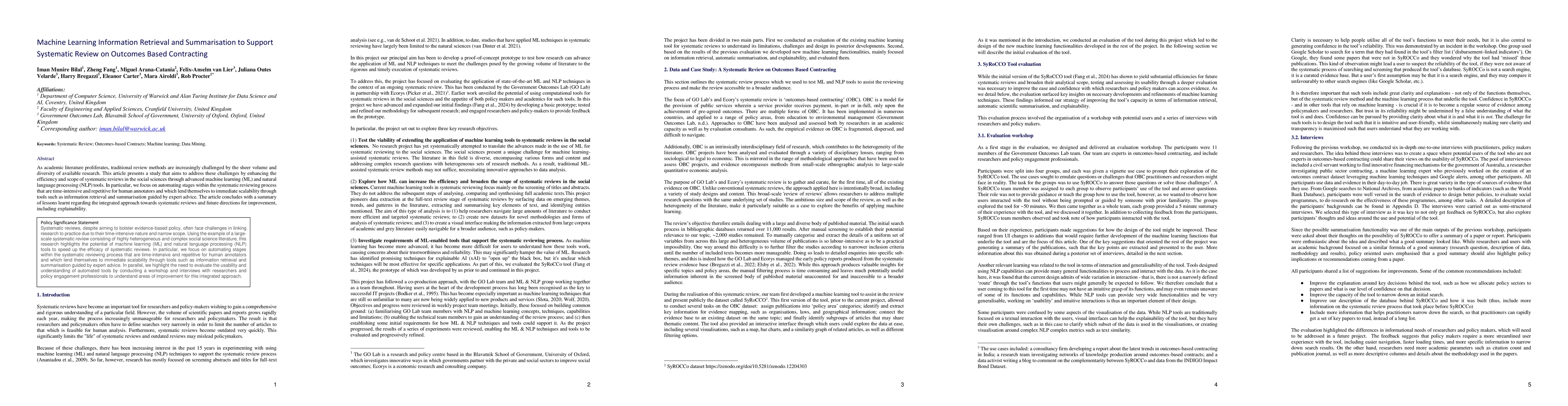 Thumbnail for Machine Learning Information Retrieval and Summarisation to Support
  Systematic Review on Outcomes Based Contracting