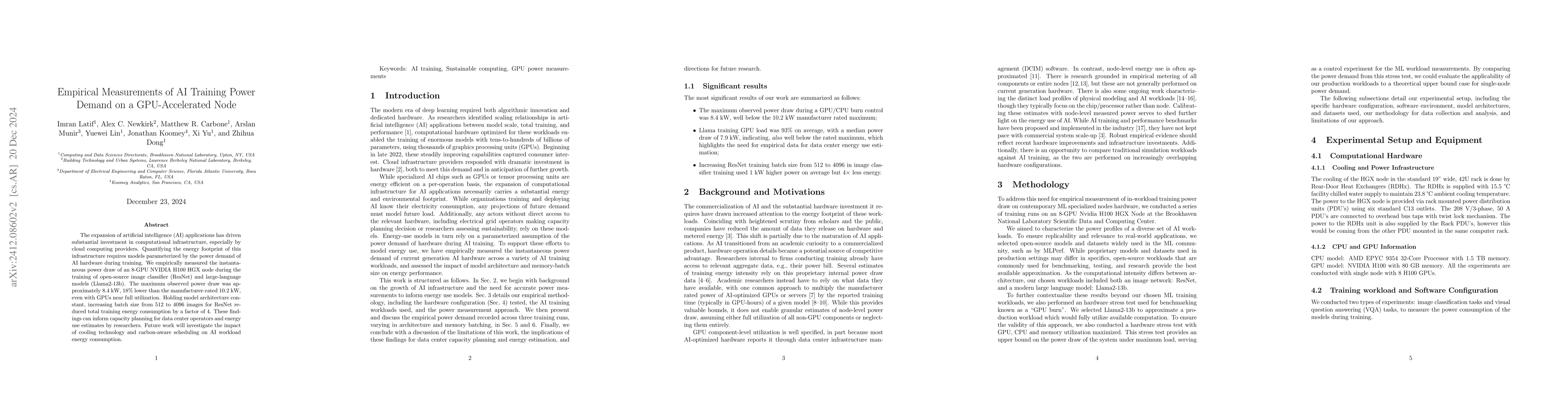 Thumbnail for Empirical Measurements of AI Training Power Demand on a GPU-Accelerated
  Node