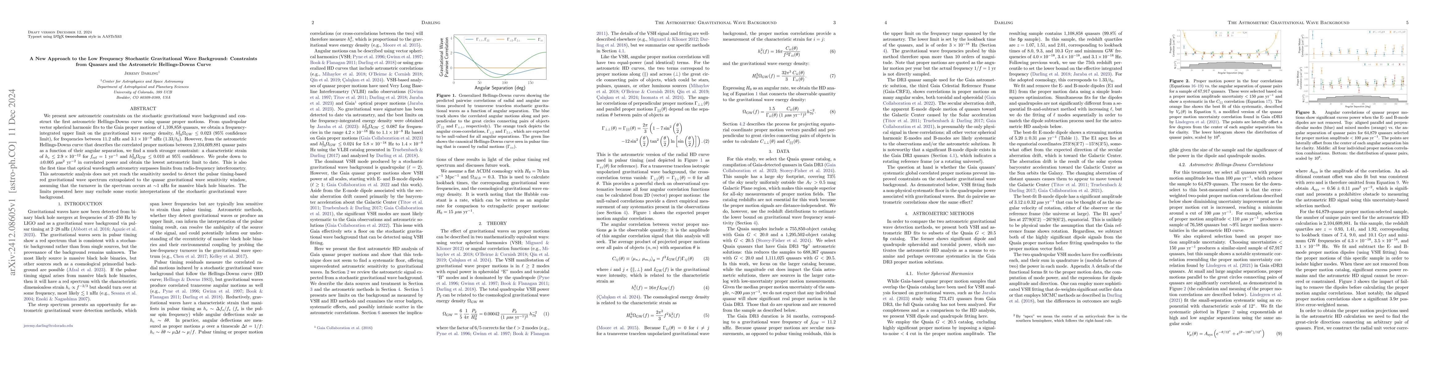 Thumbnail for A New Approach to the Low Frequency Stochastic Gravitational Wave
  Background: Constraints from Quasars and the Astrometric Hellings-Downs Curve