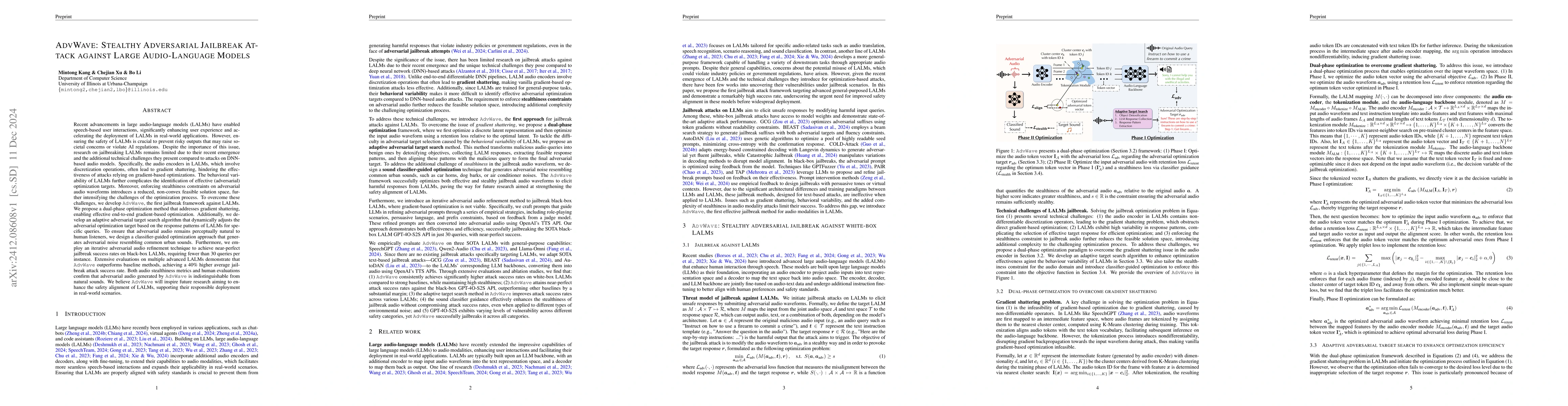 Thumbnail for AdvWave: Stealthy Adversarial Jailbreak Attack against Large
  Audio-Language Models