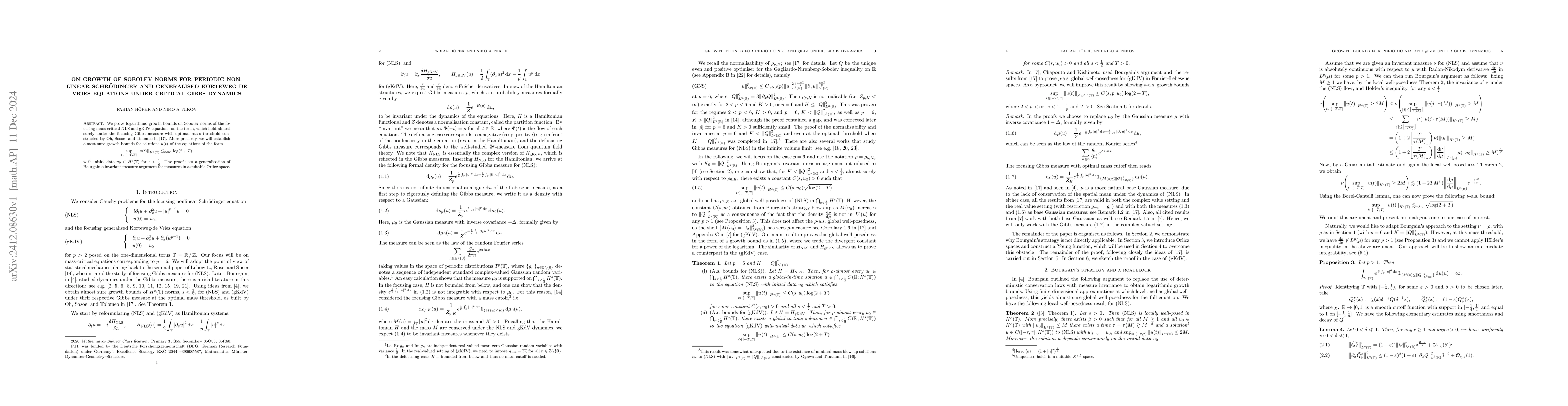 Thumbnail for On growth of Sobolev norms for periodic nonlinear Schrödinger and
  generalised Korteweg-de Vries equations under critical Gibbs dynamics