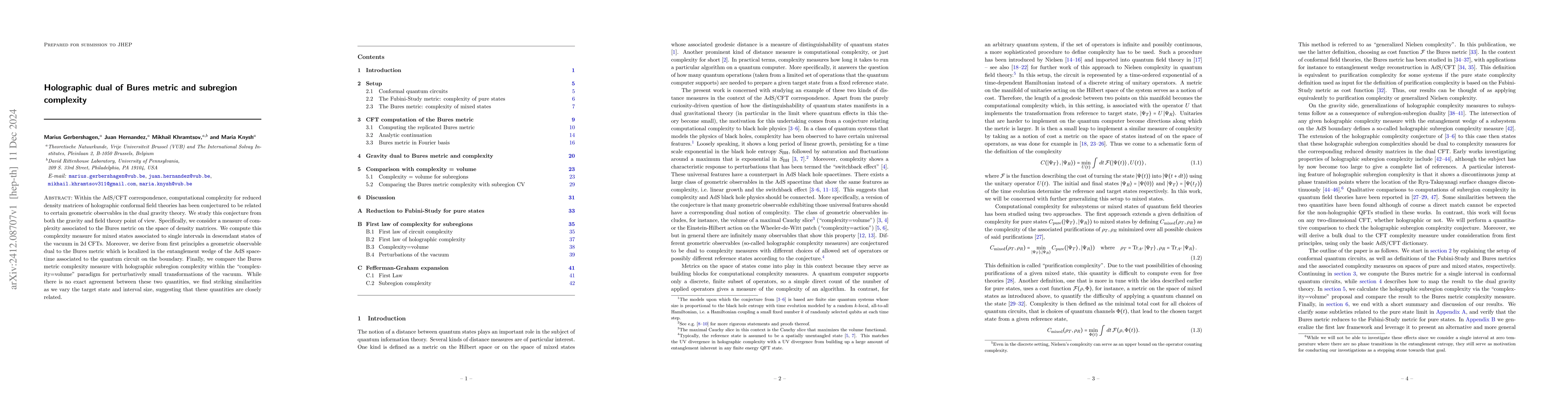 Thumbnail for Holographic dual of Bures metric and subregion complexity