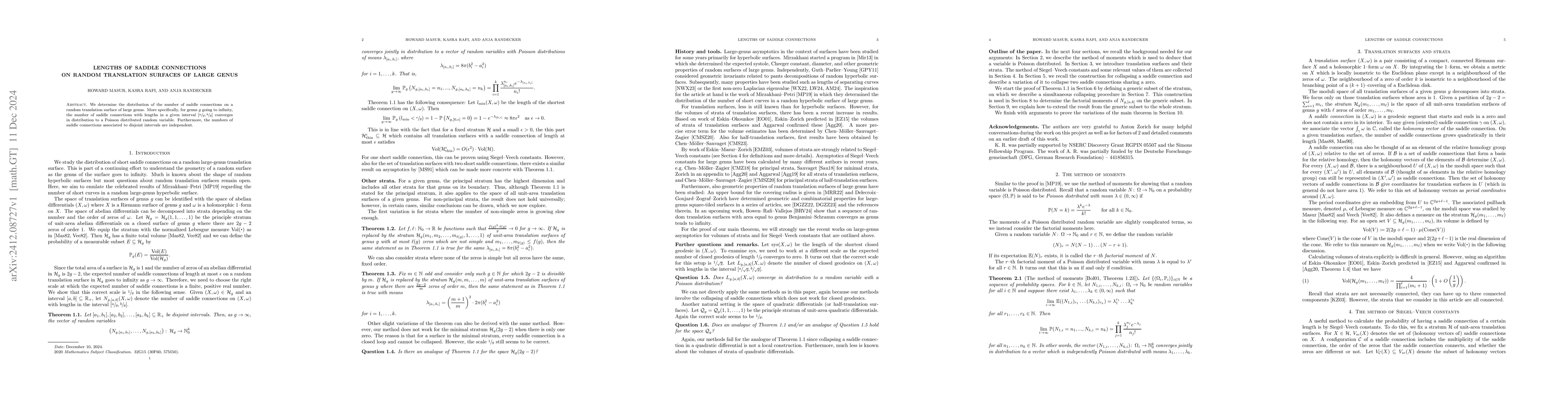 Thumbnail for Lengths of saddle connections on random translation surfaces of large
  genus