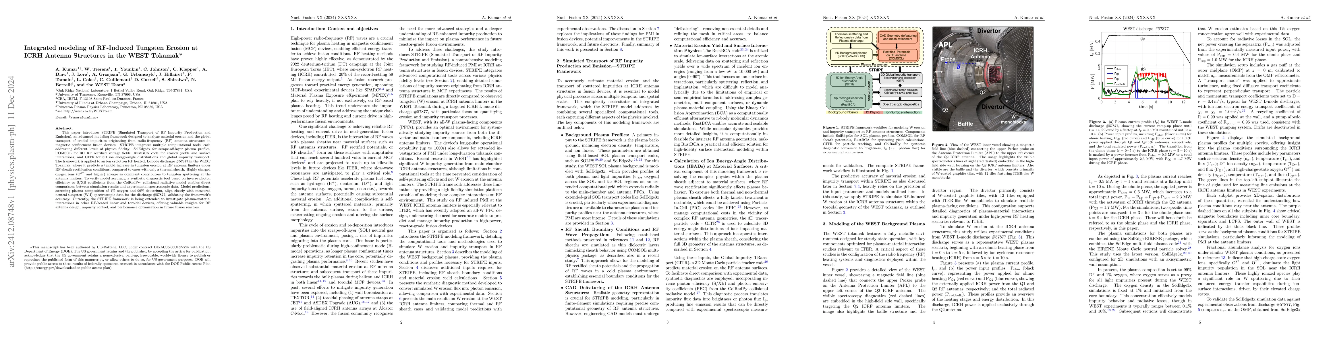Thumbnail for Integrated modeling of RF-Induced Tungsten Erosion at ICRH Antenna
  Structures in the WEST Tokamak