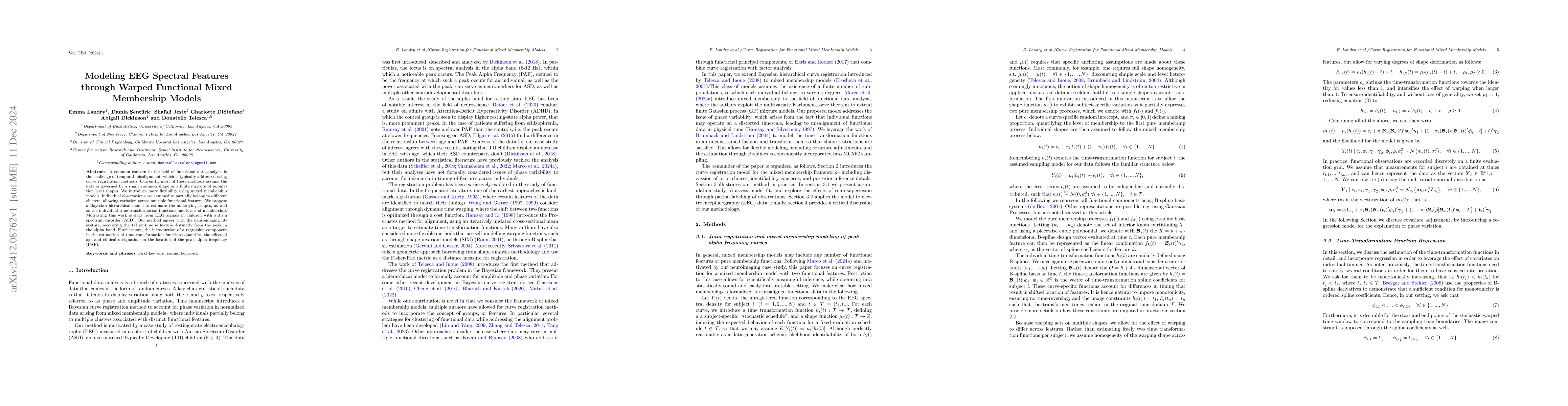 Thumbnail for Modeling EEG Spectral Features through Warped Functional Mixed
  Membership Models