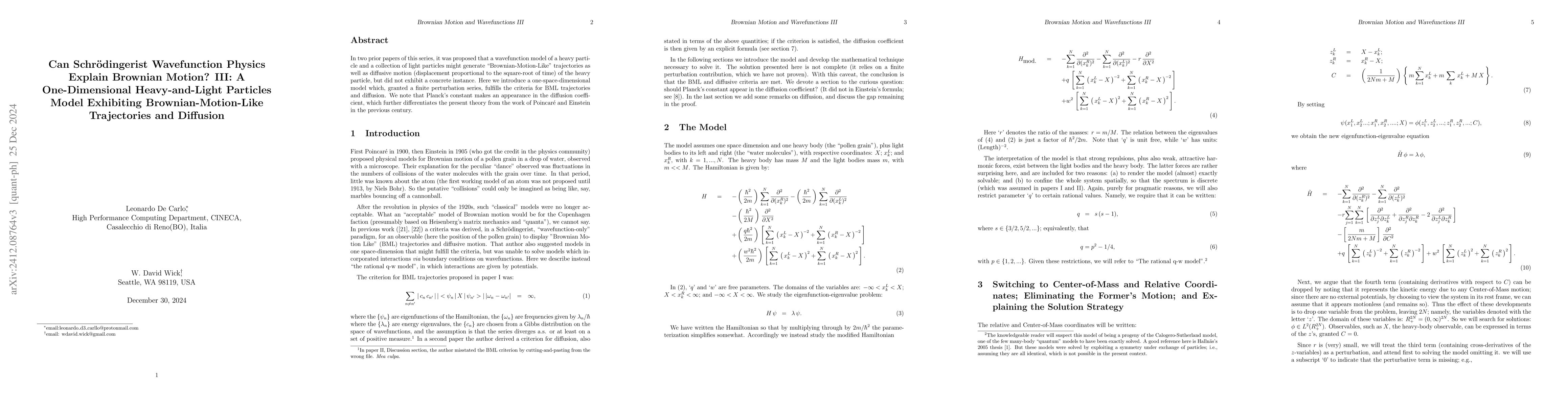 Thumbnail for Can Schroedingerist Wavefunction Physics Explain Brownian Motion? III: A
  One-Dimensional Heavy and Light Particles Model Exhibiting
  Brownian-Motion-Like Trajectories and Diffusion