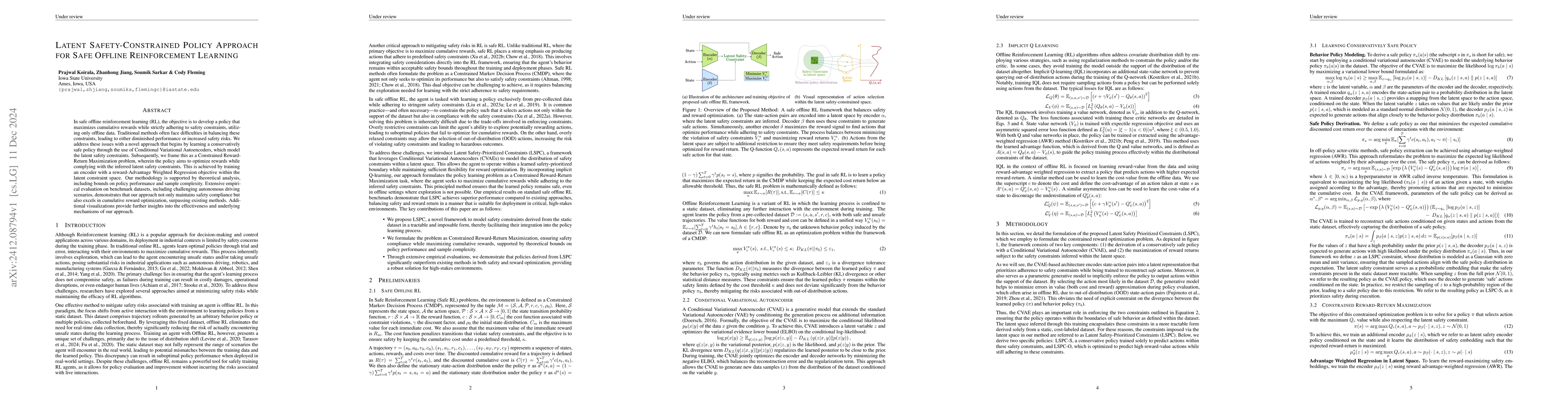Thumbnail for Latent Safety-Constrained Policy Approach for Safe Offline Reinforcement
  Learning