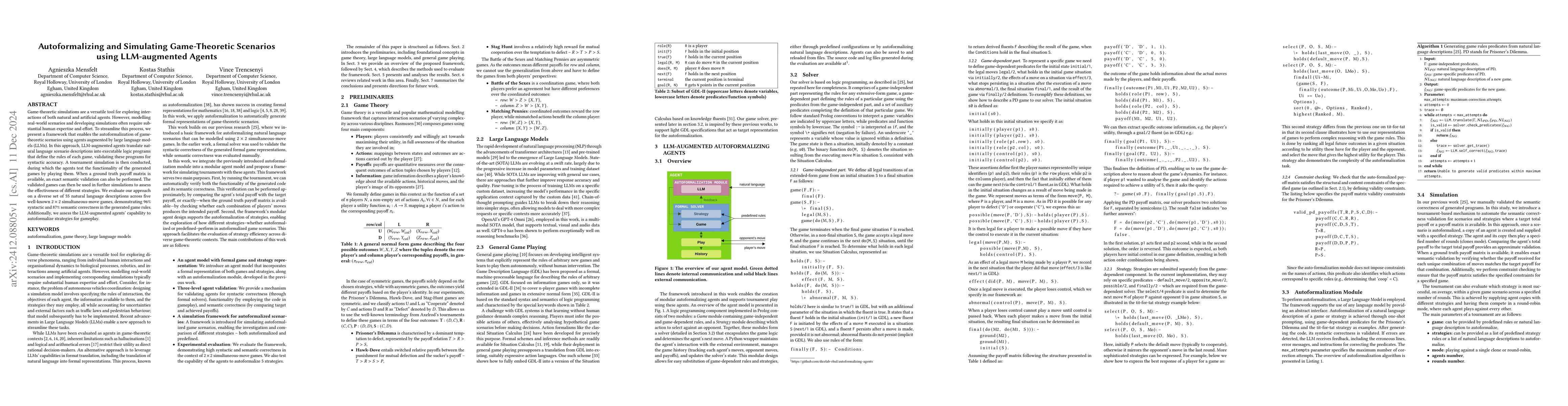 Thumbnail for Autoformalizing and Simulating Game-Theoretic Scenarios using
  LLM-augmented Agents